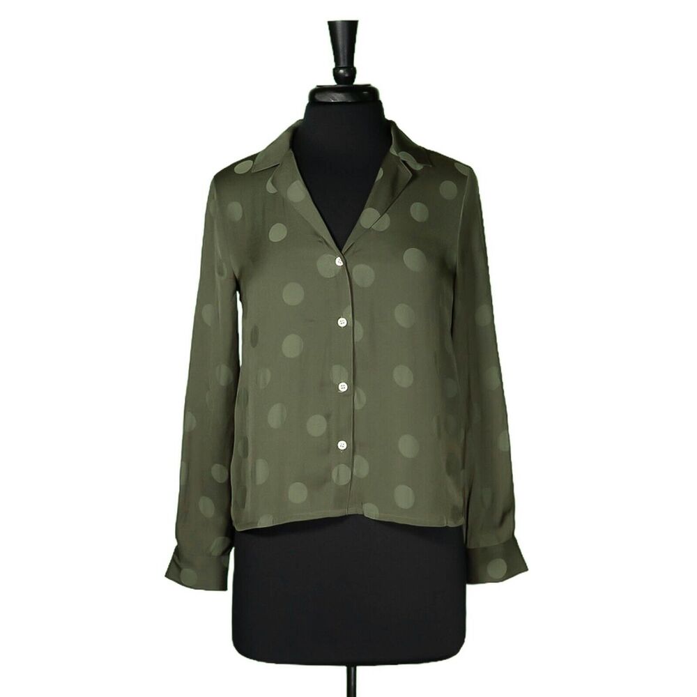 Madewell Women's Shirt Button Up Green Polka Dot V-Neck Long Sleeve Blouse Top S